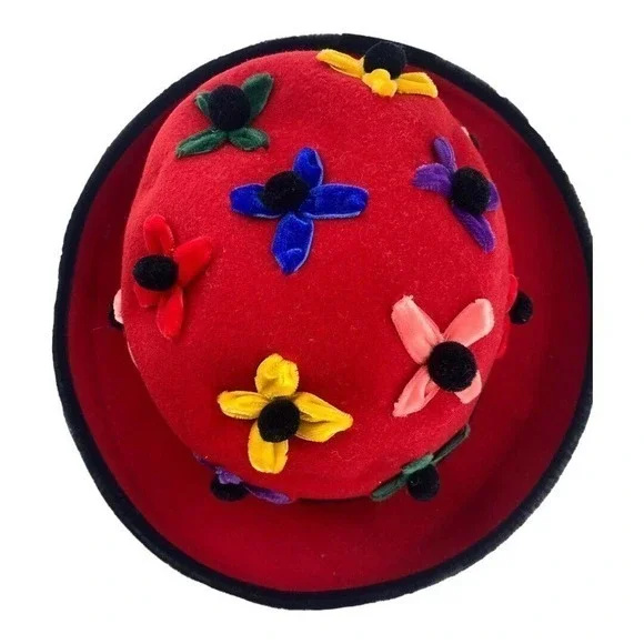 Whittaker & Shon 100% Doeskin Wool Red Felt‎ Hat Velvet Flowers Made In USA - Picture 8 of 15